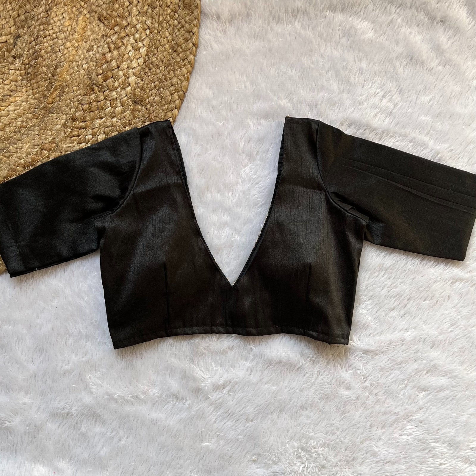 Black Half Sleeves U-Neck Cotton Silk Blouse With Back Closure
